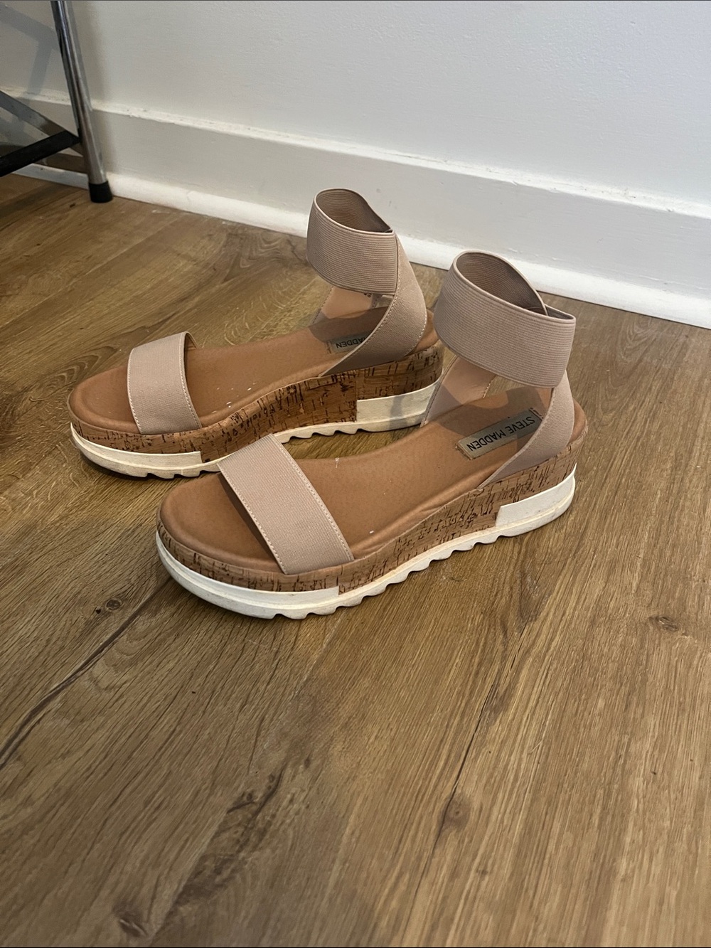 Steve Madden Neutral Beige Cork Platform Sandal with Ankle Band